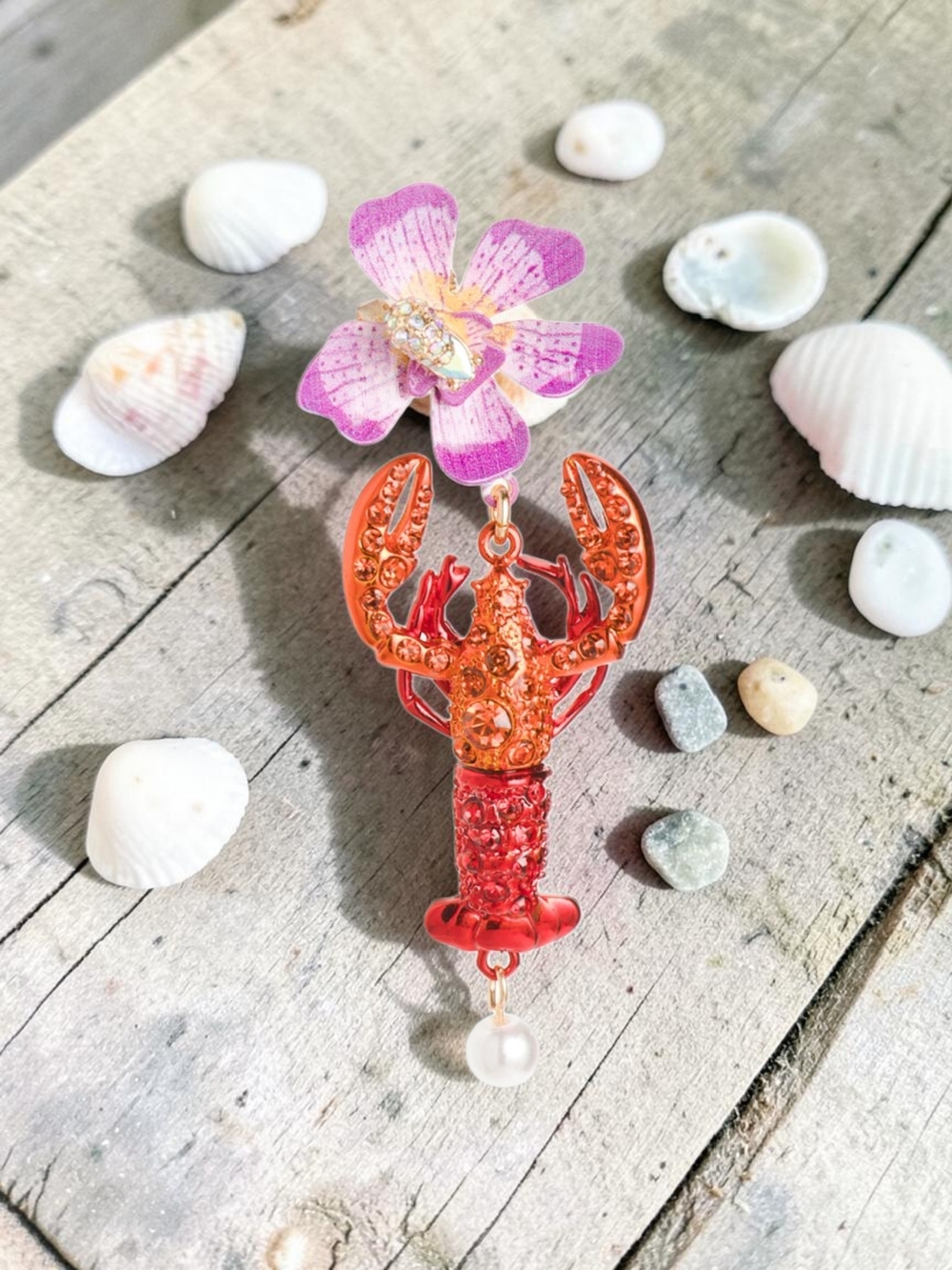 NWT BETSEY JOHNSON Mermaid Jewels Lobster Crystal Orchid Statement Earrings 2.5" - Picture 3 of 5